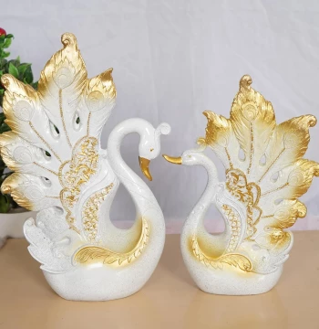 Decorative Swan Pair Showpiece, Resin Crafted Animal Figurine with Golden Feather Accents