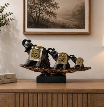 Elephant Family Showpiece – Raised Trunk Trio on Base