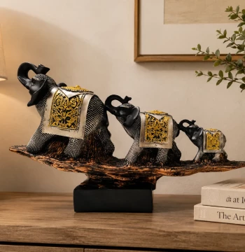 Elephant Family Showpiece – Raised Trunk Trio on Base