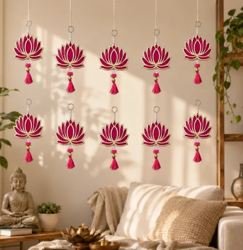 Lotus Wall Hangings Set of 10 - Pink & Gold Festive Decorations