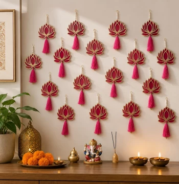 Lotus Wall Hangings Set of 18 - Pink & Gold Festive Decorations