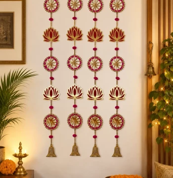 Lotus & Bell Long Line Hangings - Set of 4 Latkans for Door & Wall