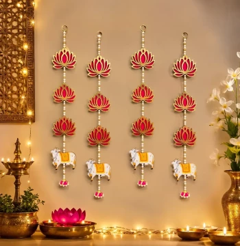 Lotus & Cow Long Line Hangings - Set of 4 Latkans for Door & Wall