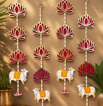 Lotus & Cow Long Line Hangings - Set of 4 Latkans for Door & Wall