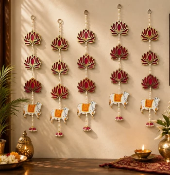 Lotus & Cow Long Line Hangings - Set of 6 Latkans for Door & Wall