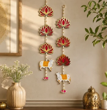 Lotus & Cow Long Line Hangings - Set of 2 Latkans for Door & Wall