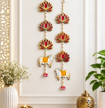 Lotus & Cow Long Line Hangings - Set of 2 Latkans for Door & Wall