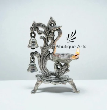 Peacock Metal Diya with Bells - Oxidised Silver Oil Lamp for Pooja