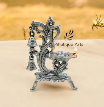 Peacock Metal Diya with Bells - Oxidised Silver Oil Lamp for Pooja