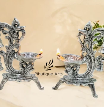 Peacock Metal Diya with Bells - Set of 2 Oxidised Silver Oil Lamps